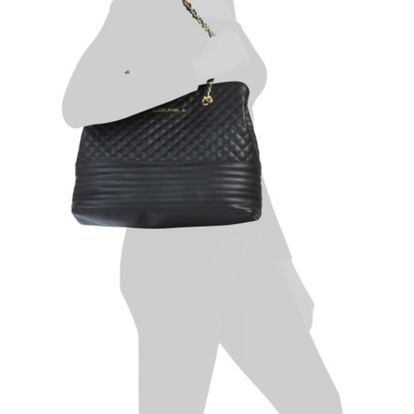 STEVE MADDEN Large Black Quilted Shoulder Bag with Gold Chain Handles - Picture 2 of 4